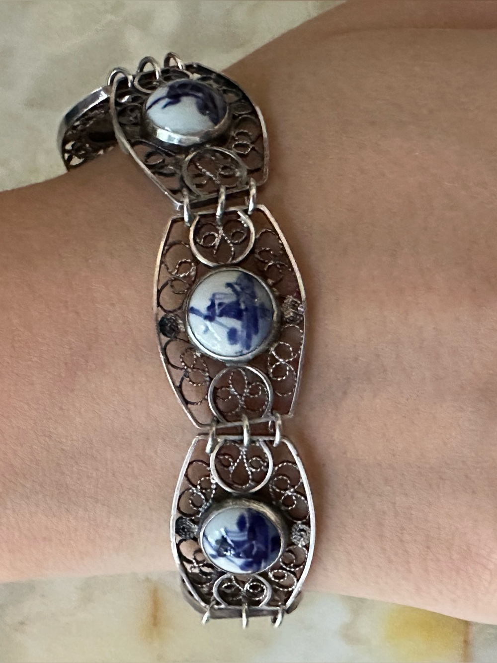 Vintage 925 Sterling Silver Bracelet with Blue and White Porcelain Cabochons
